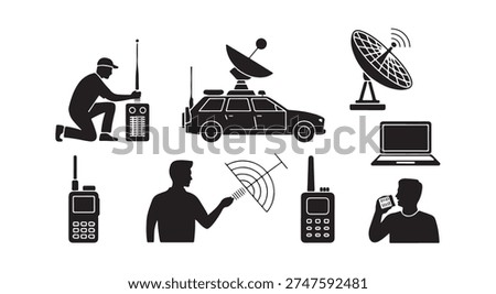 Graphic elements of telecommunication systems showing personnel using portable radio devices