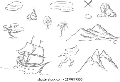 Graphic elements for treasure map design, line drawing, ship, mountains, vector illustration