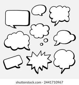 Graphic elements used in illustrations and designs inspired by comics to represent dialogues, thoughts, emotions, or sound effects include speech bubbles