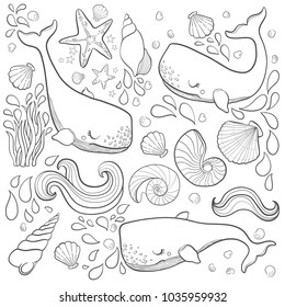 Graphic elements whales flying in the sky. Sea and ocean creatures. Coloring book page design for adults and kids hand draw illustration.