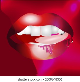 Graphic elliment red lips. Bright background with neon flashes and drops. roofing felts of blood, roofing felts of chocolate. It all depends on your imagination.