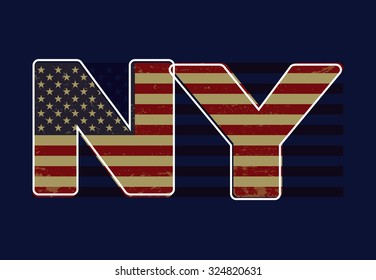 Graphic emblem with american flag and NY lettering on a dark blue background. Label for t-shirt. Typography vector design. CMYK color mode