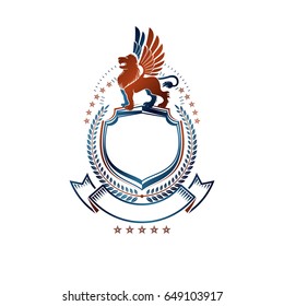 Graphic emblem with Brave Lion King, pentagonal star and ribbon. Heraldic Coat of Arms decorative logo isolated vector illustration.