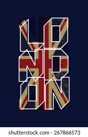 Graphic emblem with british flag and lettering London on a dark blue background. Label for t-shirt. Typography vector design. CMYK color mode