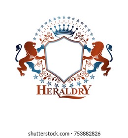 Graphic emblem composed with Brave Lion King and imperial crown. Heraldic Coat of Arms decorative logo isolated vector illustration.