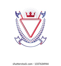 Graphic emblem composed with royal crown element, axes and luxury ribbon. Heraldic Coat of Arms decorative logo isolated vector illustration.