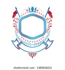 Graphic emblem composed with royal crown element, luxury ribbon and armory. Heraldic Coat of Arms decorative logo isolated vector illustration.