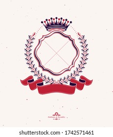 Graphic emblem composed with royal crown element and luxury ribbon.Heraldic Coat of Arms decorative logo isolated vector illustration.