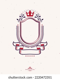 Graphic emblem composed with royal crown element and luxury ribbon.Heraldic Coat of Arms decorative logo isolated vector illustration.