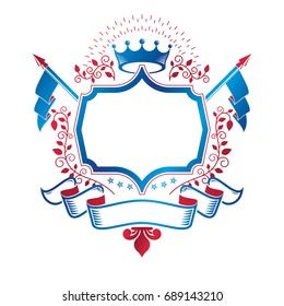 Graphic emblem composed with royal crown element, luxury ribbon and spears. Heraldic Coat of Arms decorative logo isolated vector illustration.