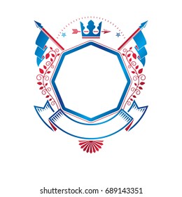 Graphic emblem composed with royal crown element, luxury ribbon and flags. Heraldic Coat of Arms decorative logo isolated vector illustration.