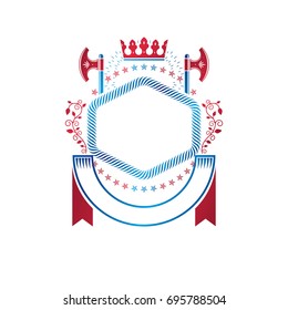 Emblema gráfico compuesto por elementos de la corona real, ejes y cinta de lujo. Logotipo decorativo del escudo heráldico de armas ilustraciones vectoriales aisladas.