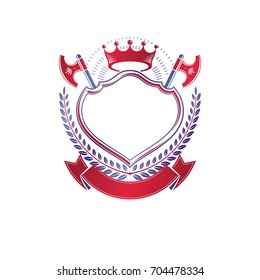 Graphic emblem composed with royal crown element, axes and luxury ribbon. Heraldic Coat of Arms decorative logo isolated vector illustration.