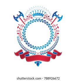 Graphic emblem composed with royal crown element, axes and luxury ribbon. Heraldic Coat of Arms decorative logo isolated vector illustration.