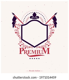 Graphic emblem composed with royal symbol Lily Flower, decorative ribbon and flags. Heraldic vector design element. Retro style label, heraldry logo.