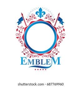 Graphic emblem composed with royal symbol Lily Flower, decorative ribbon and flags. Heraldic vector design element. Retro style label, heraldry logo.