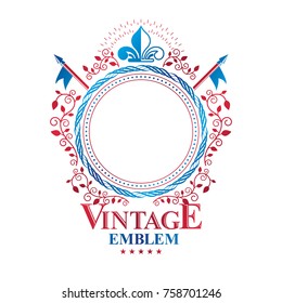 Graphic emblem composed with royal symbol Lily Flower, decorative ribbon and flags. Heraldic vector design element. Retro style label, heraldry logo.