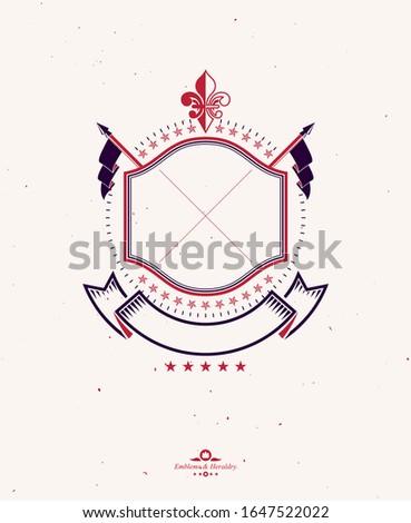 Graphic emblem composed with royal symbol Lily Flower, decorative ribbon and flags. Heraldic vector design element. Retro style label, heraldry logo.