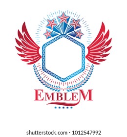 Graphic emblem composed using ancient star, eagle wings and laurel wreath. Heraldic vector design element. Retro style label, heraldry logo. 