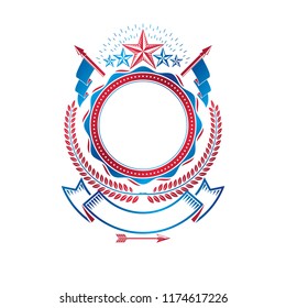 Graphic emblem composed using ancient star, laurel wreath and ribbon. Heraldic vector design element. Retro style label, heraldry logo. 