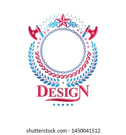 Graphic emblem composed using ancient star, hatchets and laurel wreath. Heraldic vector design element. Retro style label, heraldry logo. 