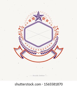 Graphic emblem composed using ancient star, laurel wreath and ribbon. Heraldic vector design element. Retro style label, heraldry logo. 