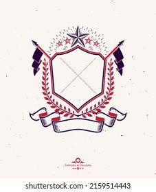 Graphic emblem composed using ancient star, laurel wreath and ribbon. Heraldic vector design element. Retro style label, heraldry logo. 
