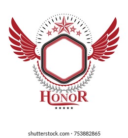 Graphic emblem composed using ancient star, eagle wings and laurel wreath. Heraldic vector design element. Retro style label, heraldry logo. 