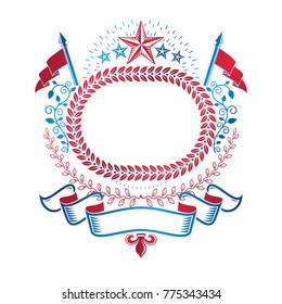 Graphic emblem composed using ancient star, laurel wreath and ribbon. Heraldic vector design element. Retro style label, heraldry logo. 