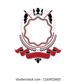 Graphic emblem composed using majestic crown, protection shield and ribbon. Heraldic Coat of Arms decorative logo isolated vector illustration