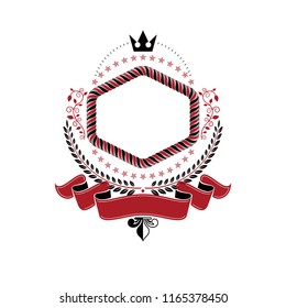 Graphic emblem composed using majestic crown, protection shield and ribbon. Heraldic Coat of Arms decorative logo isolated vector illustration