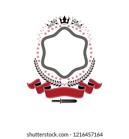 Graphic emblem composed using majestic crown, protection shield and ribbon. Heraldic Coat of Arms decorative logo isolated vector illustration