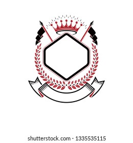 Graphic emblem composed using majestic crown and flags. Heraldic Coat of Arms decorative logo isolated vector illustration