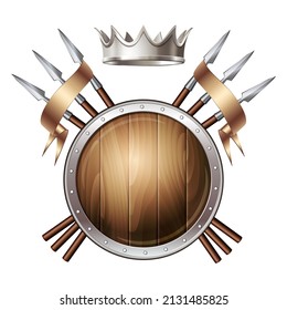 Emblema gráfico compuesto con corona majestuosa, escudo de protección, lanzas cruzadas y cinta. Logotipo decorativo Heraldic Coat of Arms. Ilustración vectorial aislada
