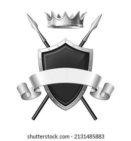 Graphic emblem composed using majestic crown, protection shield, crossed spears and ribbon. Heraldic Coat of Arms decorative logo. Isolated vector illustration