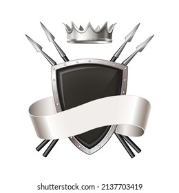 Grafisches Emblem mit majestätischer Krone, Schutzschild, gekreuzten Speeren und Band. Heraldisches Wappen-Dekorationslogo. Einzelne Vektorgrafik