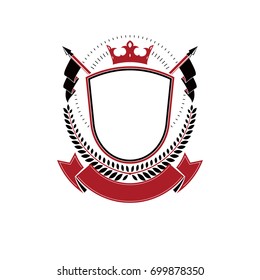 Graphic emblem composed using majestic crown and spears. Heraldic Coat of Arms decorative logo isolated vector illustration
