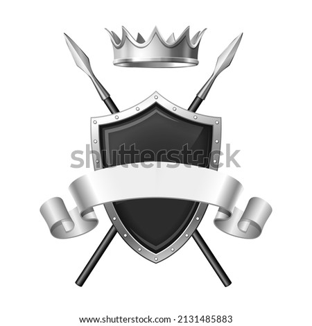 Graphic emblem composed using majestic crown, protection shield, crossed spears and ribbon. Heraldic Coat of Arms decorative logo. Isolated vector illustration