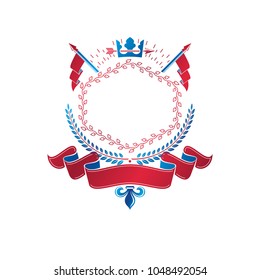 Graphic emblem created with ancient Crown and laurel wreath. Heraldic vector design element decorated with red ribbon. Retro style label, heraldry logo.