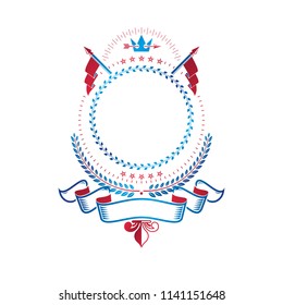 Graphic emblem created with ancient Crown and laurel wreath. Heraldic vector design element decorated with ribbon. Retro style label, heraldry logo.
