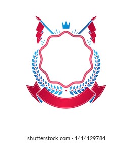 Graphic emblem created with ancient Crown and laurel wreath. Heraldic vector design element decorated with ribbon. Retro style label, heraldry logo.