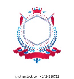 Graphic emblem created with ancient Crown and laurel wreath. Heraldic vector design element decorated with ribbon. Retro style label, heraldry logo.