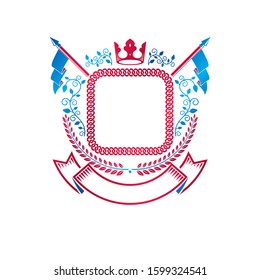 Graphic emblem created with ancient Crown and laurel wreath. Heraldic vector design element decorated with ribbon. Retro style label, heraldry logo.