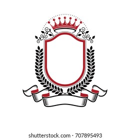 Graphic emblem created with ancient Crown and laurel wreath. Heraldic vector design element decorated with ribbon. Retro style label, heraldry logo.
