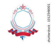 Graphic emblem created with blank copy space and different elements like star and ribbon. Heraldic Coat of Arms decorative logo isolated vector illustration.