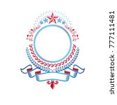 Graphic emblem created with blank copy space and different elements like star and ribbon. Heraldic Coat of Arms decorative logo isolated vector illustration.