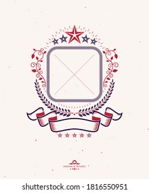 Emblema gráfico creado con espacio de copia en blanco y diferentes elementos como estrella y cinta. Logotipo decorativo del escudo heráldico de armas ilustraciones vectoriales aisladas.