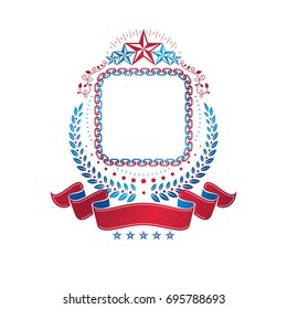 Graphic emblem created with blank copy space and different elements like star and ribbon. Heraldic Coat of Arms decorative logo isolated vector illustration.