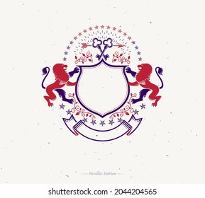 Graphic emblem created with Brave Lion King, ancient key and beautiful ribbon.Heraldic Coat of Arms decorative logo isolated vector illustration.