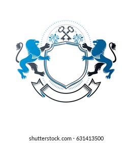 Graphic emblem created with Brave Lion King, ancient key and beautiful ribbon. Heraldic Coat of Arms decorative logo isolated vector illustration.